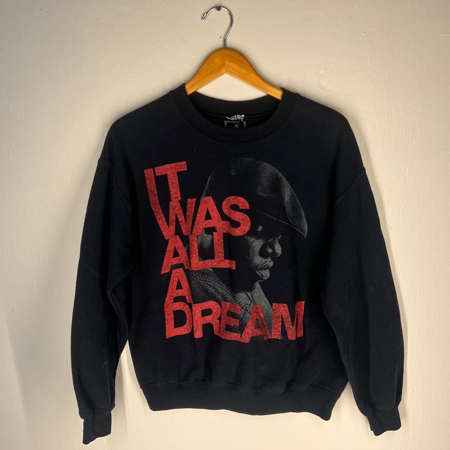 Front view of Brooklyn Mint Biggie Smalls “It Was All a Dream” sweatshirt (black, M)