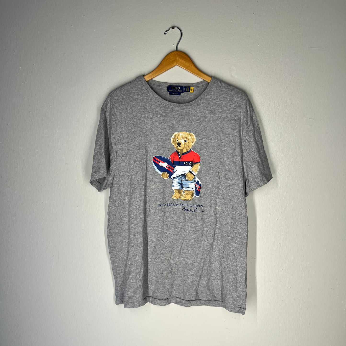 Front of Polo Bear surfboard graphic t-shirt in grey