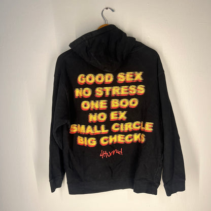 Back view with bold multicolor “Good Sex No Stress” graphic