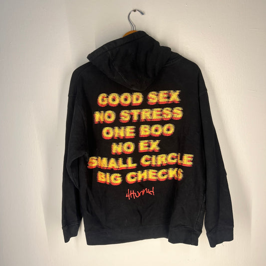 Back view with bold multicolor “Good Sex No Stress” graphic