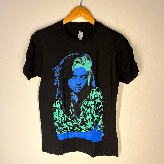 Full front view of Billie Eilish neon portrait tee (2020, Size M)
