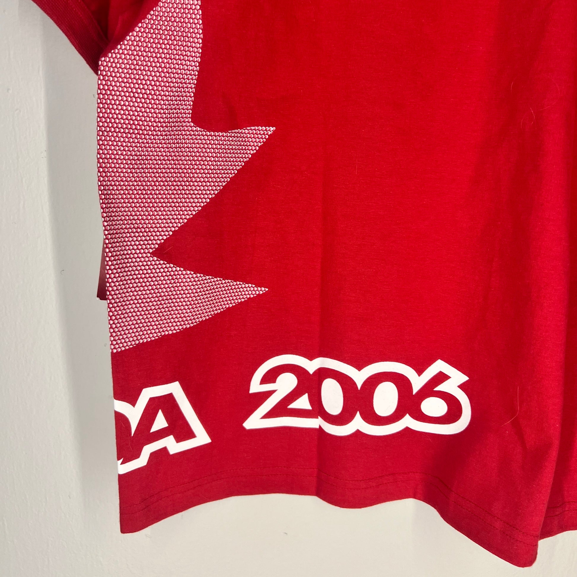Close-up of lower back hem with 2006 text print and maple leaf graphic.