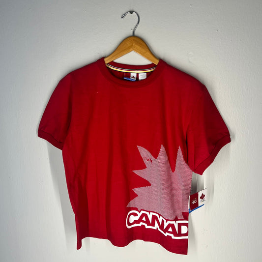 Front view of red 2006 Canada Olympic Maple Leaf tee on hanger.