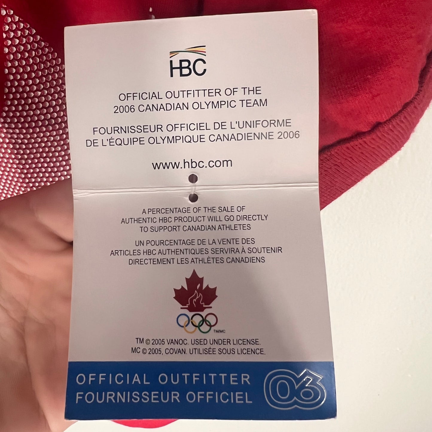 Inside hangtag showing official 2006 Canadian Olympic Team outfitter details.