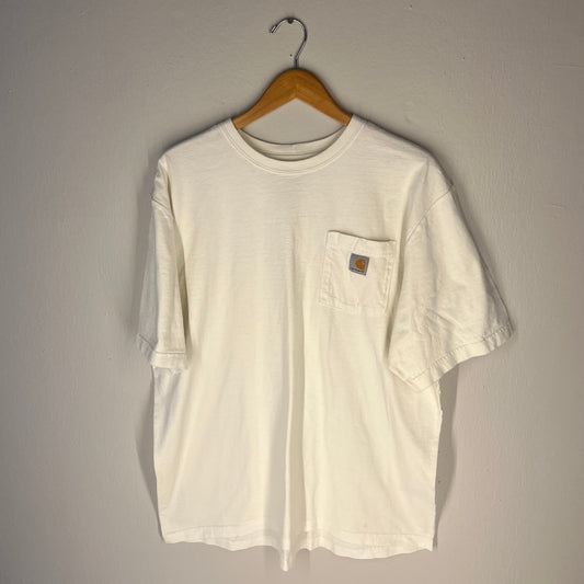 Front view of white Carhartt pocket T-shirt with logo patch on pocket