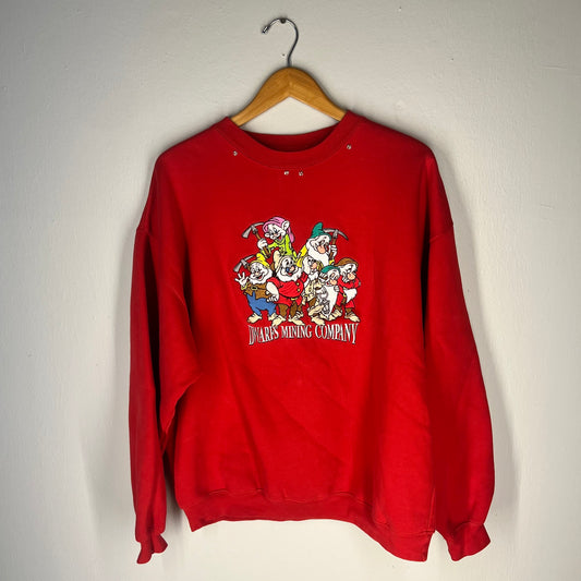 Front view of Disney Dwarfs Mining Company embroidered sweatshirt (red, XL)