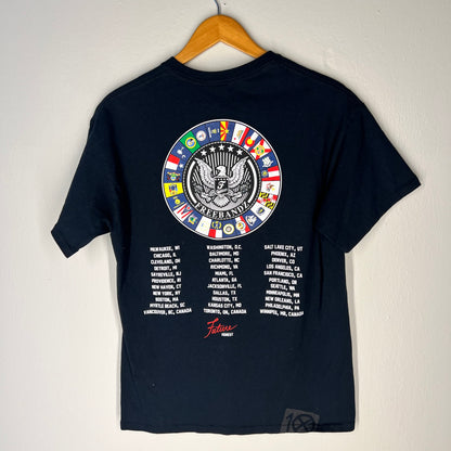 Full back view of tee featuring Freebandz seal and tour cities