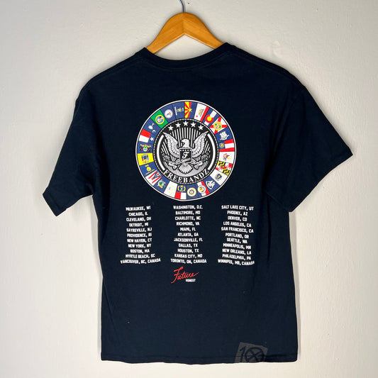 Full back view of tee featuring Freebandz seal and tour cities
