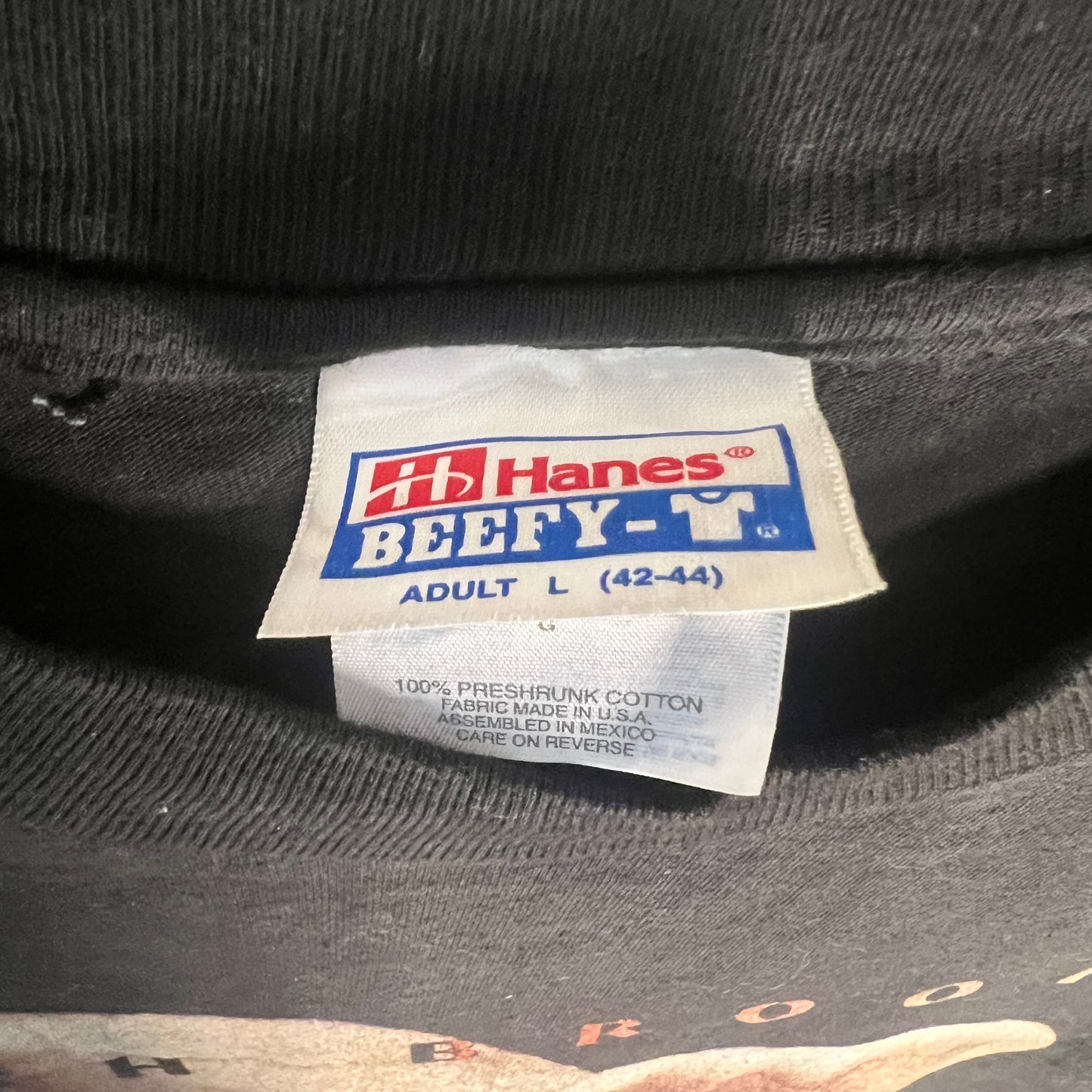 Hanes Beefy-T woven size tag (L) on Garth Brooks tee
