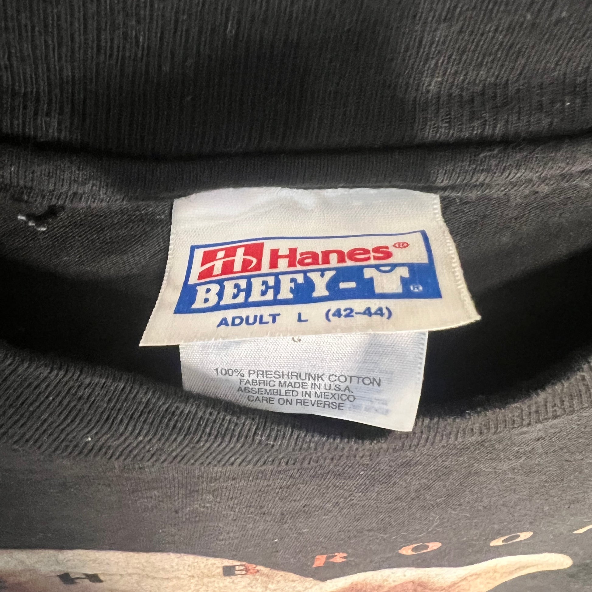 Hanes Beefy-T woven size tag (L) on Garth Brooks tee