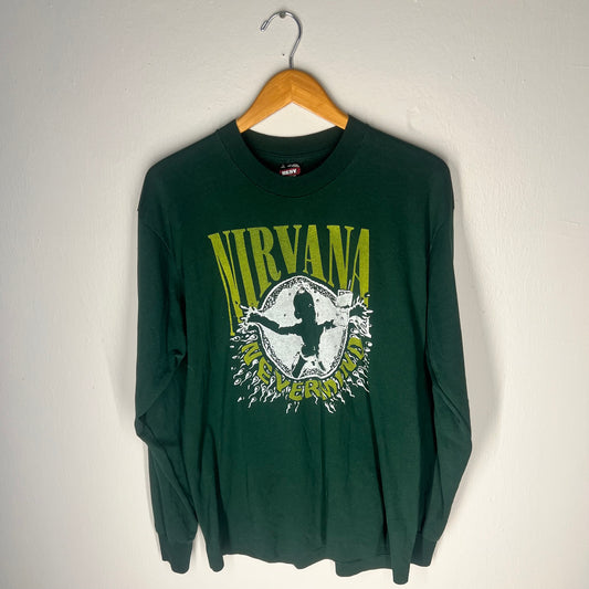 Front view of vintage Nirvana Nevermind long sleeve tee in forest green with bold yellow and white graphic.