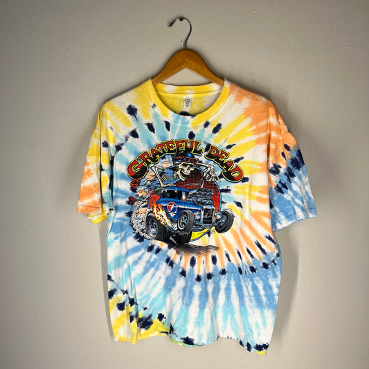 Front view of Grateful Dead tie-dye T-shirt with skeleton hot rod graphic