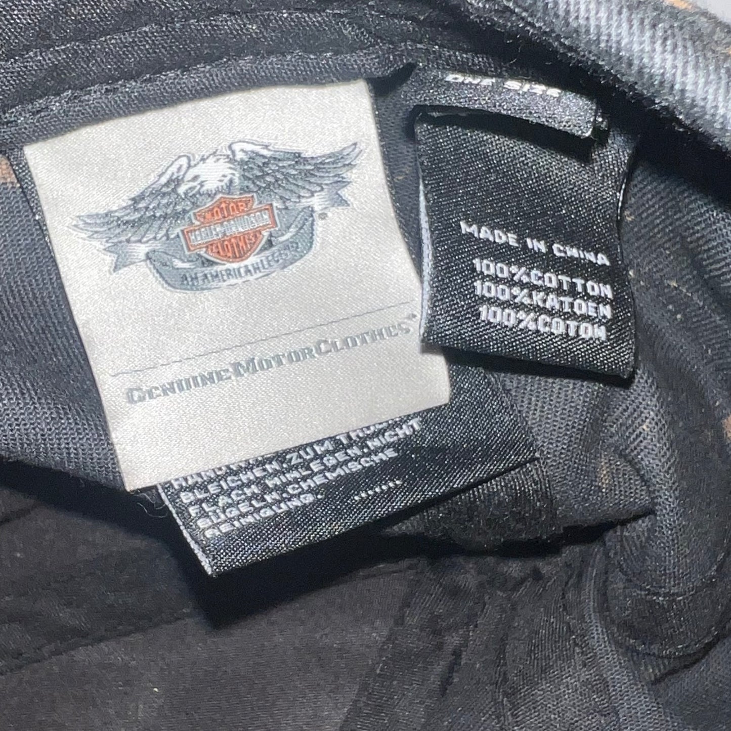 Harley-Davidson MotorClothes interior woven tag and fabric content label (100% cotton, Made in China)