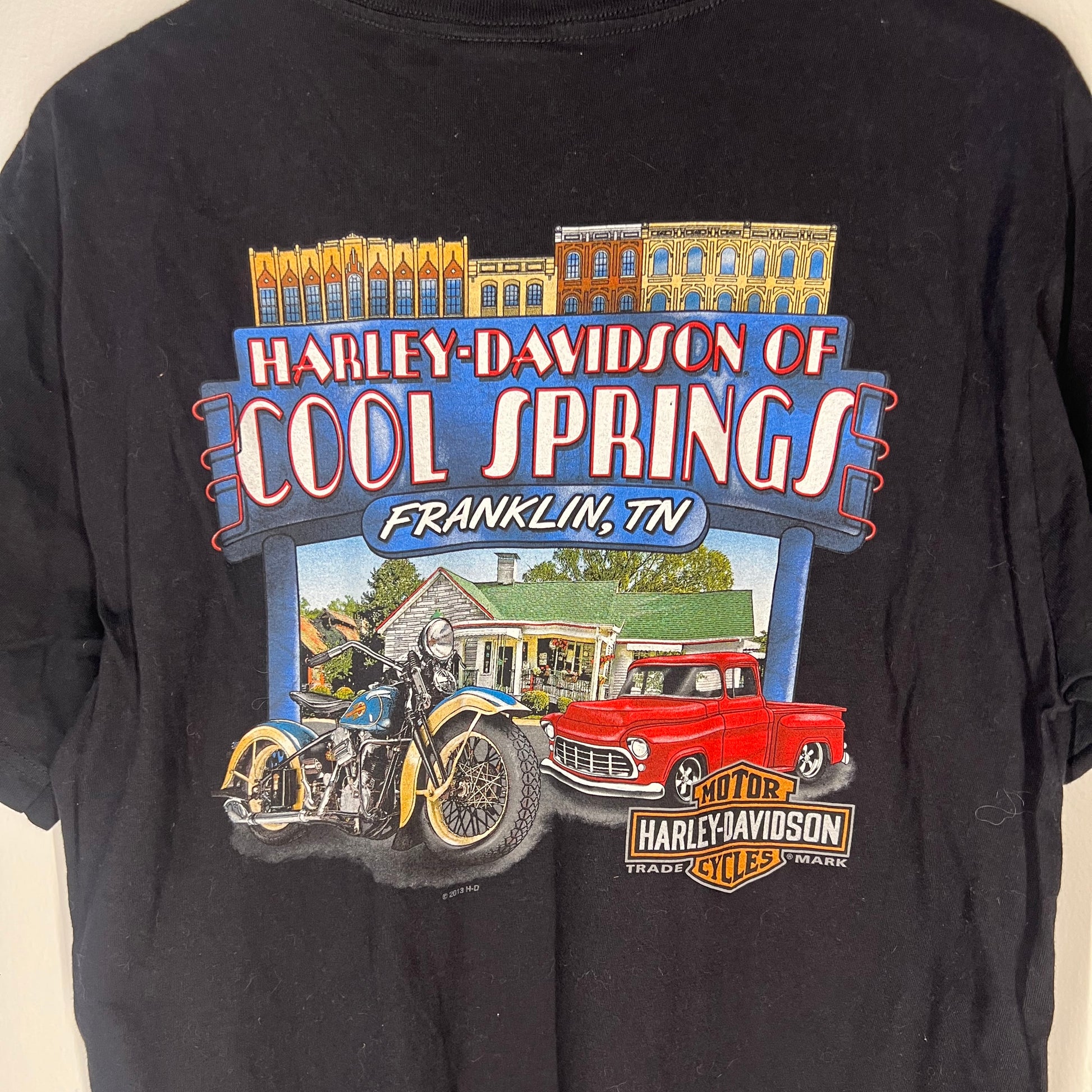 Close-up of Cool Springs Franklin, TN back print with motorcycle