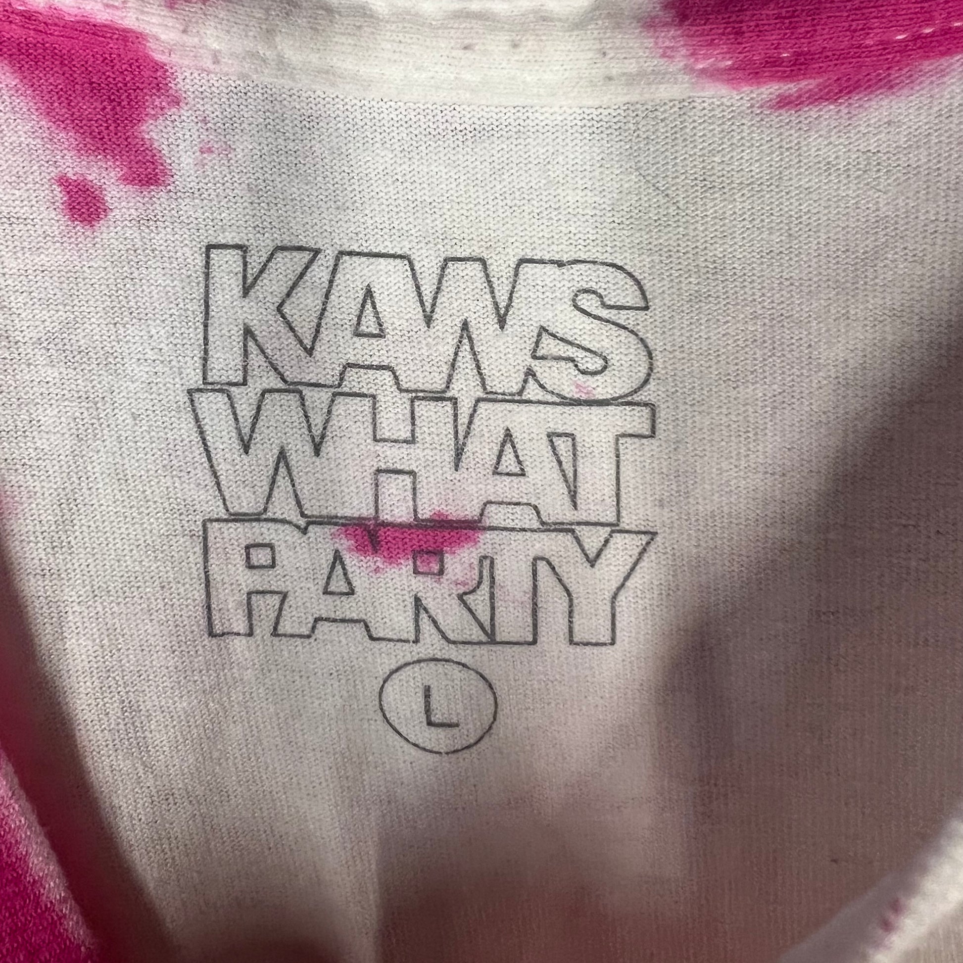 Printed neck label reading KAWS WHAT PARTY size L