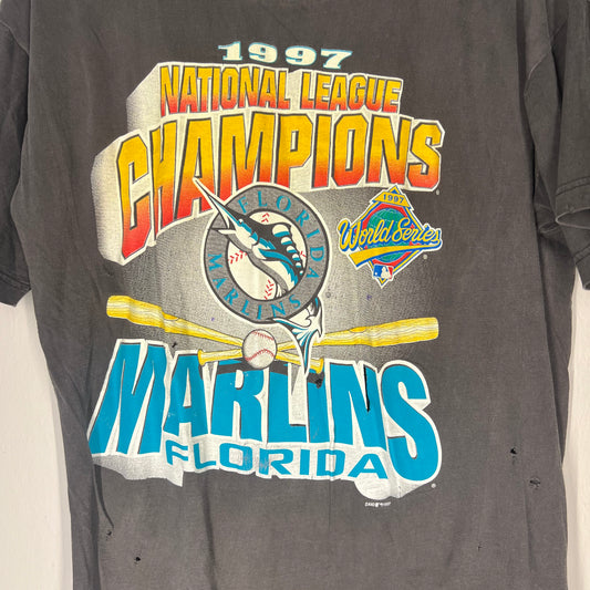 Closeup of front graphic with Marlins logo and bats