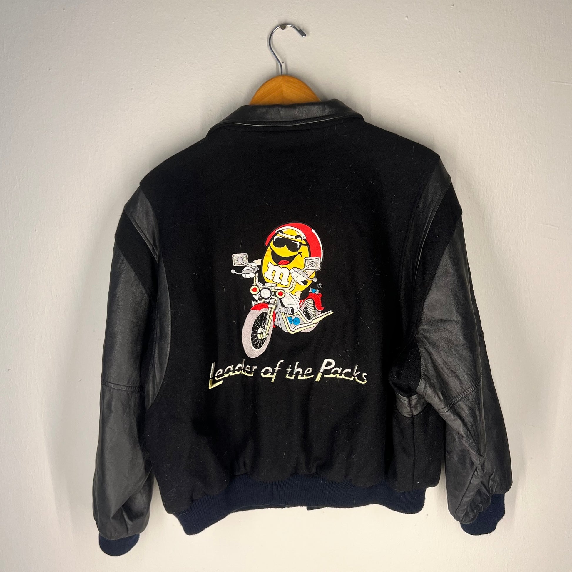 Back view with large “Leader of the Packs” motorcycle embroidery