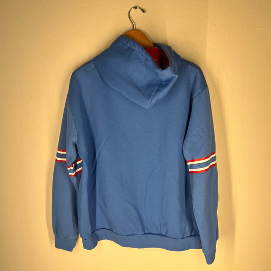Back view of Oilers throwback hoodie with sleeve stripes visible