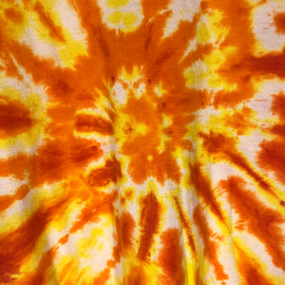 Detailed close-up of back orange and yellow tie-dye design