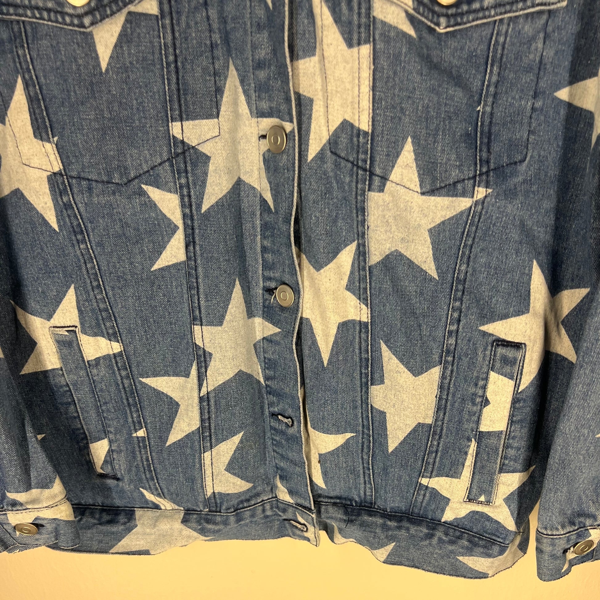 Close-up of lower front section with button closure and star print
