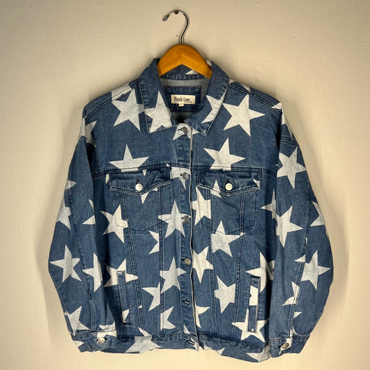 Front view of Peach Love California star print denim jacket (blue, size S)