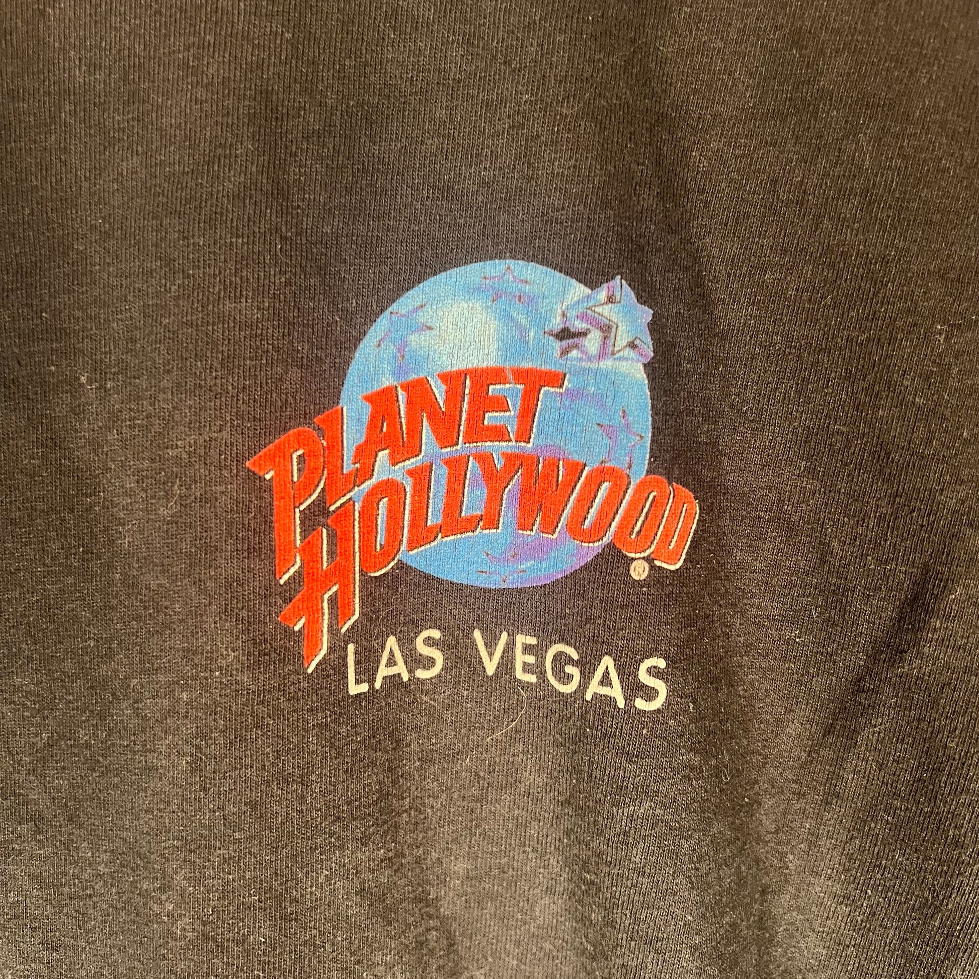 Close-up of chest logo — Planet Hollywood Las Vegas graphic print