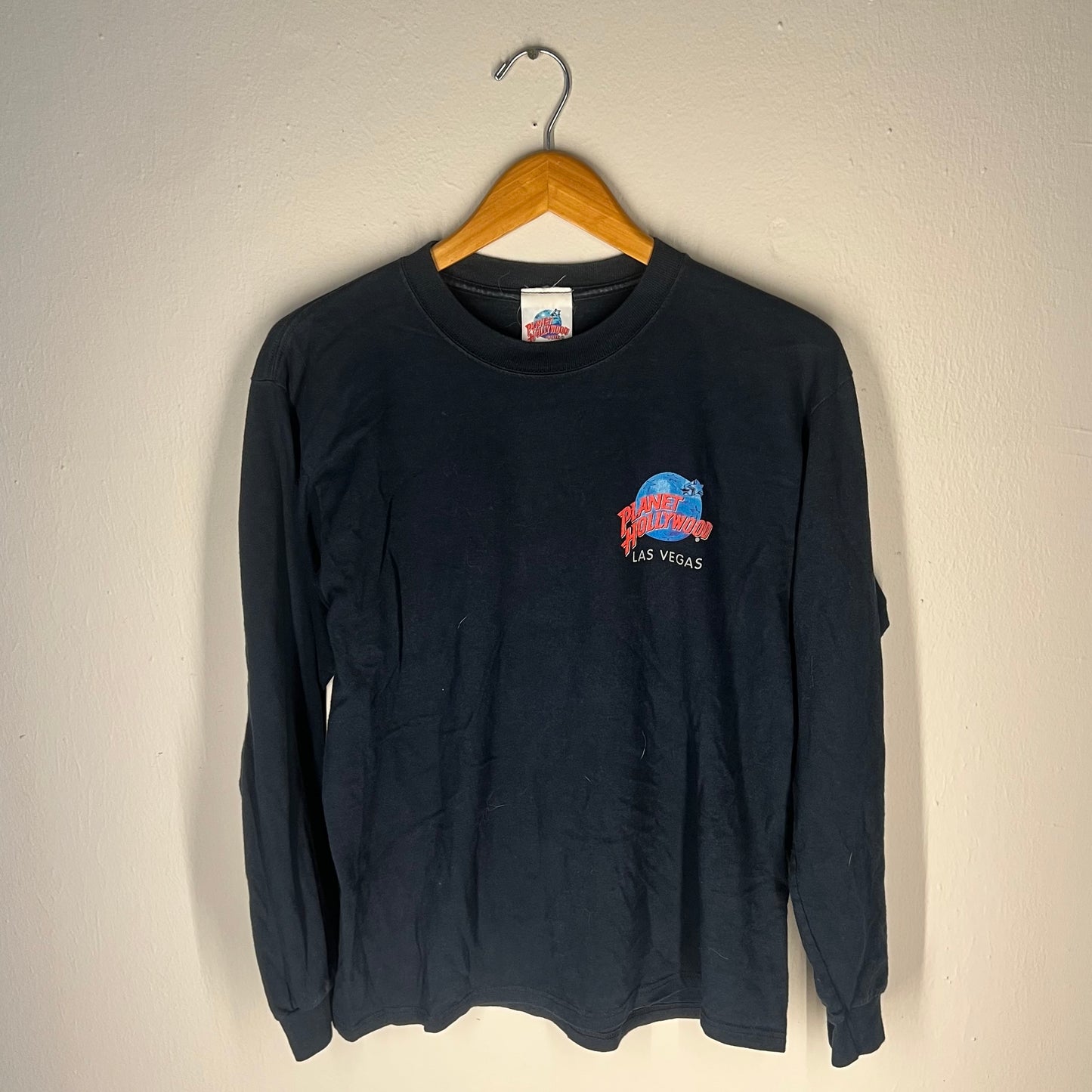 Front view of Planet Hollywood “Las Vegas Skyline” long sleeve tee (black, size M)