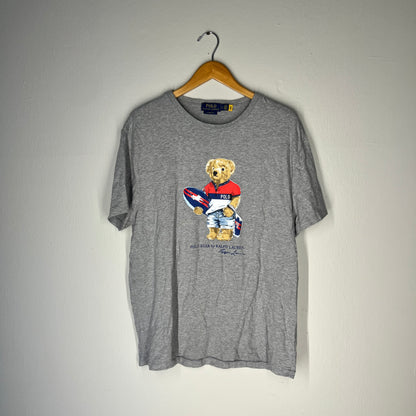 Front of Polo Bear surfboard graphic t-shirt in grey
