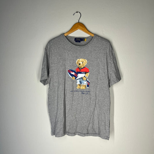 Front of Polo Bear surfboard graphic t-shirt in grey