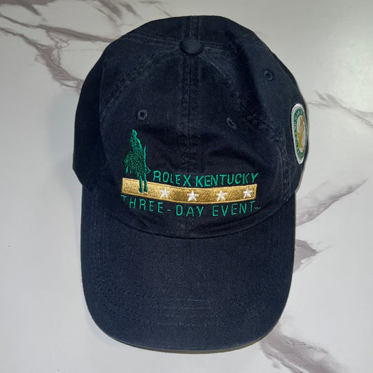 Front view of Rolex Kentucky Three-Day Event navy hat with embroidered rider and event text