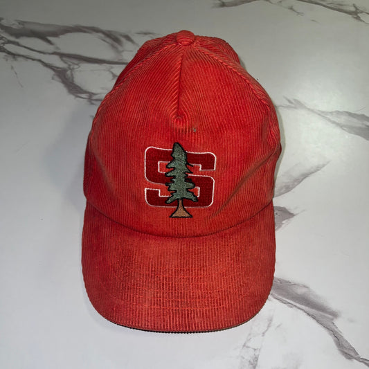 Front view of red Stanford Cardinal corduroy snapback with embroidered S and tree logo