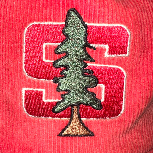 Close-up of embroidered Stanford S and tree logo on crown
