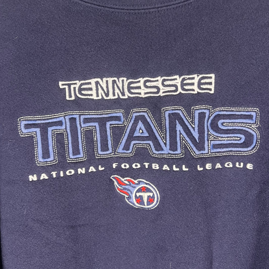 Close-up of embroidered Tennessee Titans front logo and text