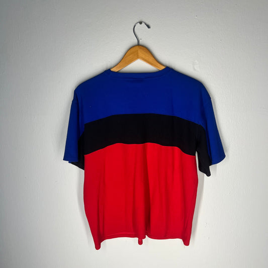Back view of Tommy Hilfiger red, black, and blue colorblock t-shirt