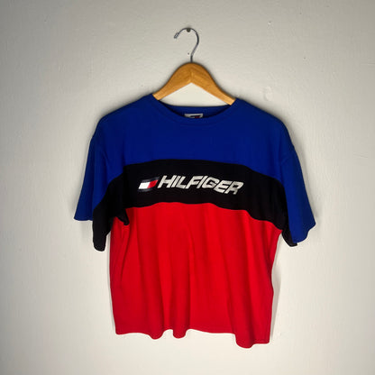 Front view of Tommy Hilfiger red, black, and blue colorblock t-shirt, size XL