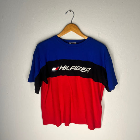 Front view of Tommy Hilfiger red, black, and blue colorblock t-shirt, size XL